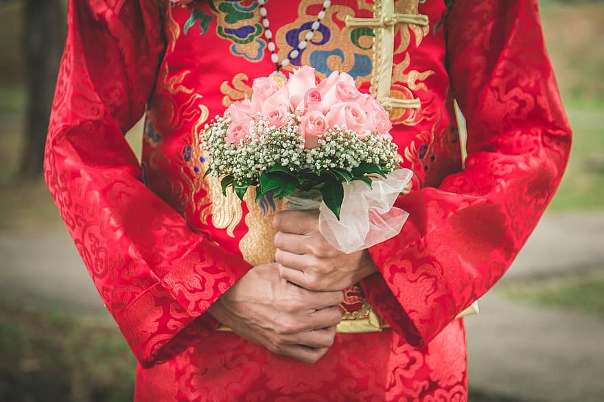 दुल्हन, शादी, फूल, पुष्प गुच्छ, परंपरागत, चीनी, संस्कृति, महिला, परिधान, शादी का