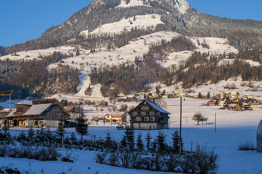 家、キャビン、村、雪、冬、イブニング、スイス、山、風景、シーズン、森林