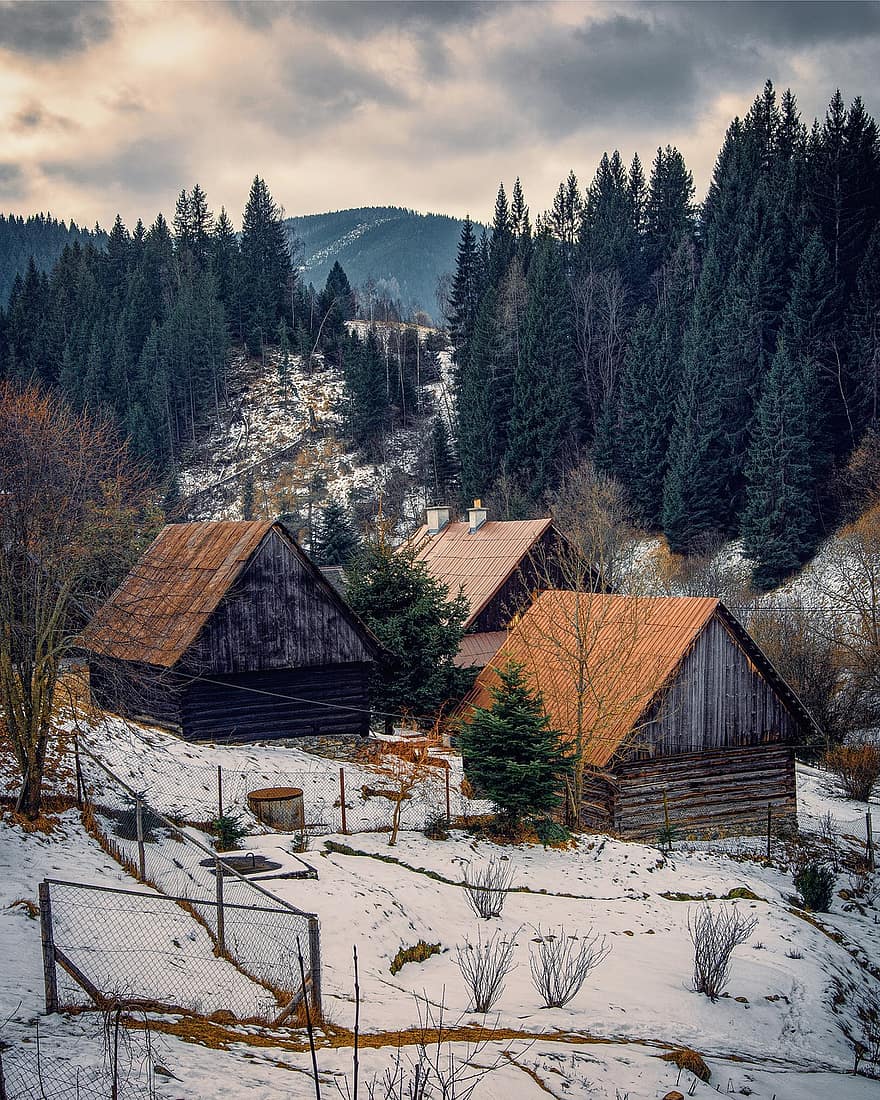 Mountains, Village, Winter, Houses, Huts, Snow, Ice, Cold, Snowy, Landscape, Trees