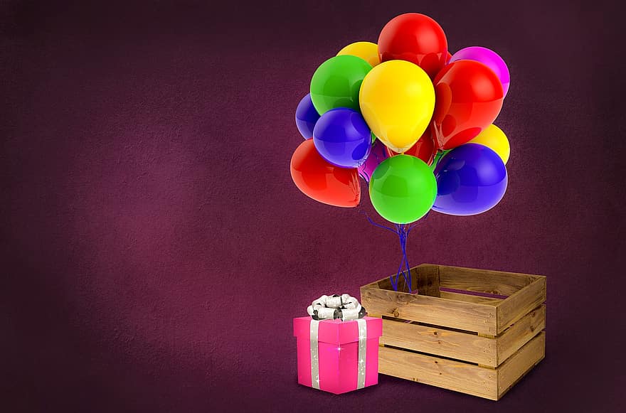 나무 상자, 생일, 배경, 사본 공간, 풍선, 선물, 축하해., 어린이, 아가, 유아, 파티