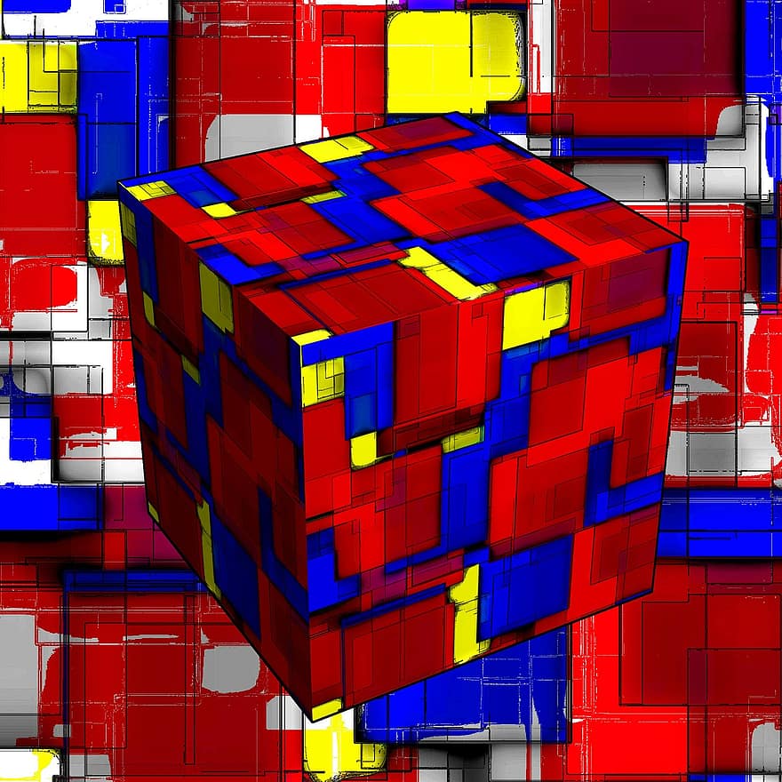 абстрактен, куб, изкуство, дизайн, цветен, червен, син, жълт, компютър, цвят, структура