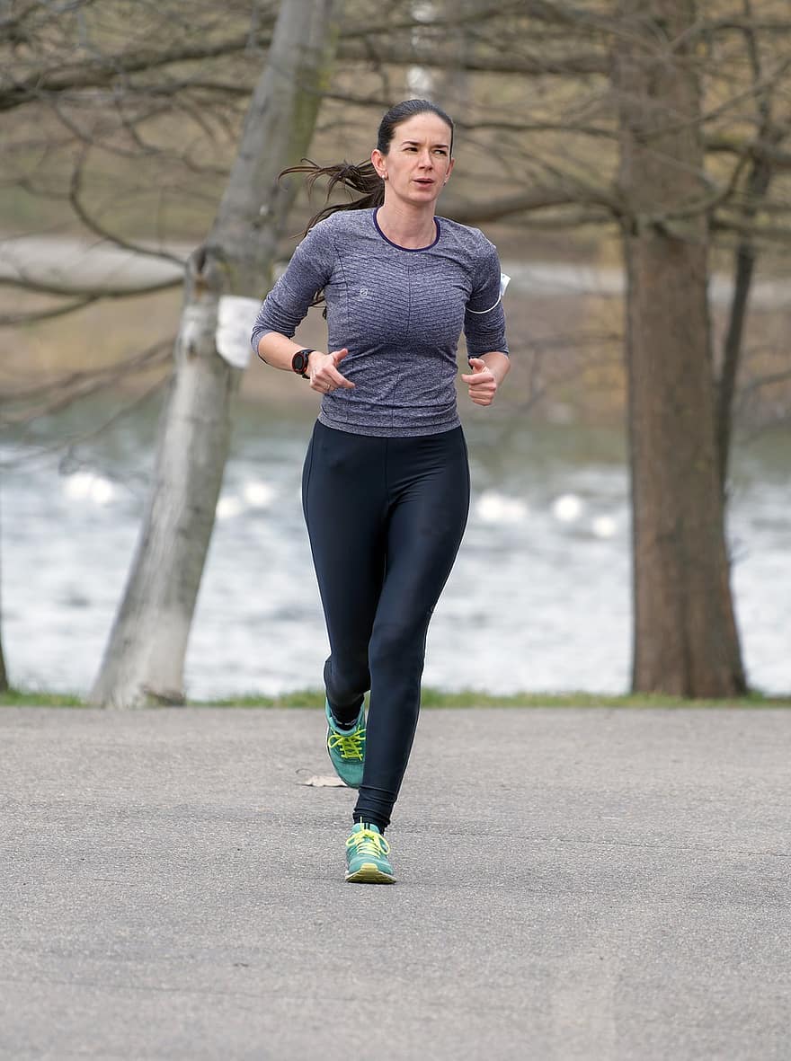 महिला, स्वास्थ्य, व्यायाम, दौड़ना, जॉगिंग, गली, पार्क, झील, पेड़