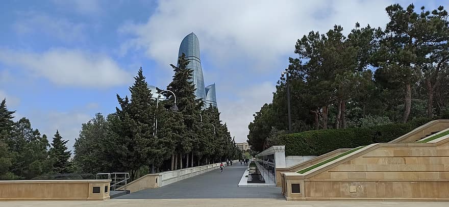 øy, Baku, by, arkitektur, skyskraper, bygge eksteriør, moderne, berømt sted, bygget struktur, tre, byliv