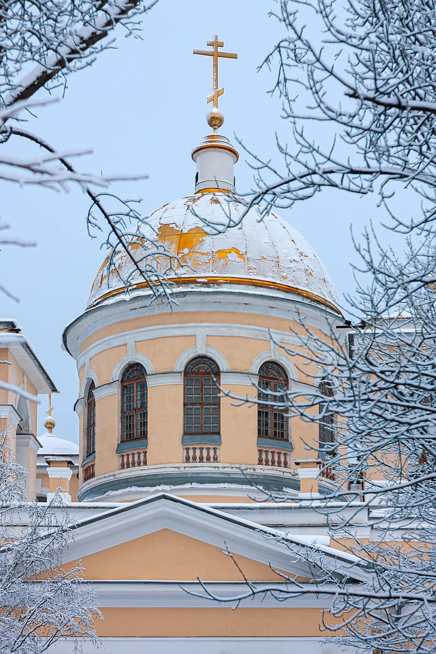 kościół, krzyż prawosławny, śnieg, zimowy, drzewa, zimno, religia, architektura, architektura sakralna, gałęzie, śnieżny