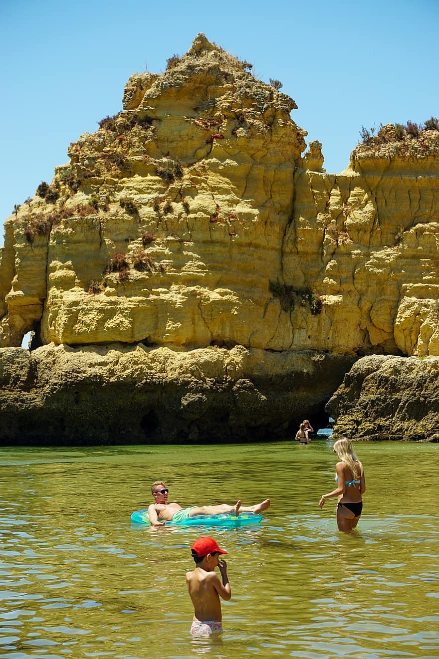 Strand, sommer, praia, Algarve, klippe, svømme, ferie, hav, vann, turister, mennesker