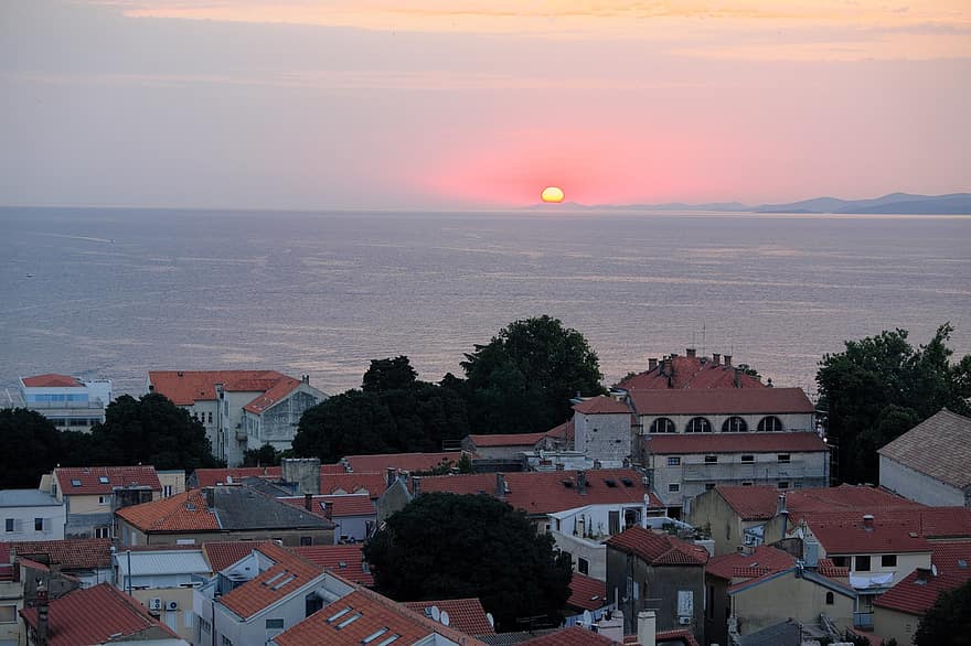 posta de sol, zadar, Croàcia, mar, ciutat, Costa, sol, llum solar, cel, núvols, horitzó