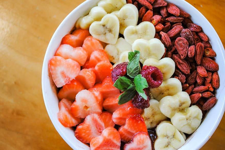 завтрак, годжи, здоровый, малина, банан, свежий, фрукты, органический, миска, питание, свежесть