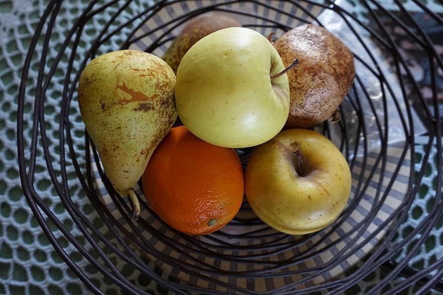 frukt, stilleben, pærer, epler, friskhet, mat, organisk, spise sunt, nærbilde, moden, gul