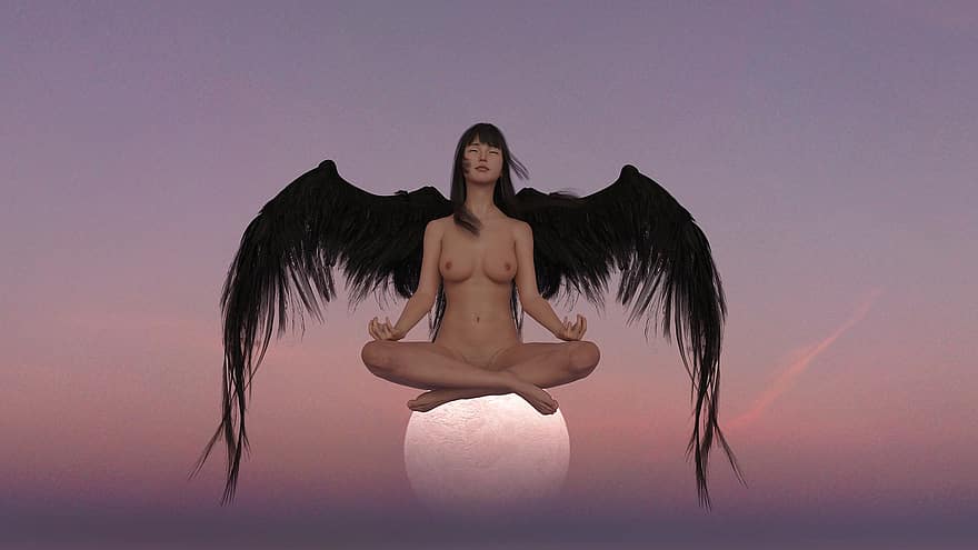 ángel, meditación, Luna, planeta, puesta de sol, noche, alas, disfraz, actitud, yoga, yogini