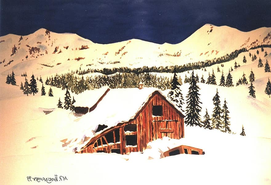akvarelė, tapyba, žiemą, kraštovaizdį, sniegas
