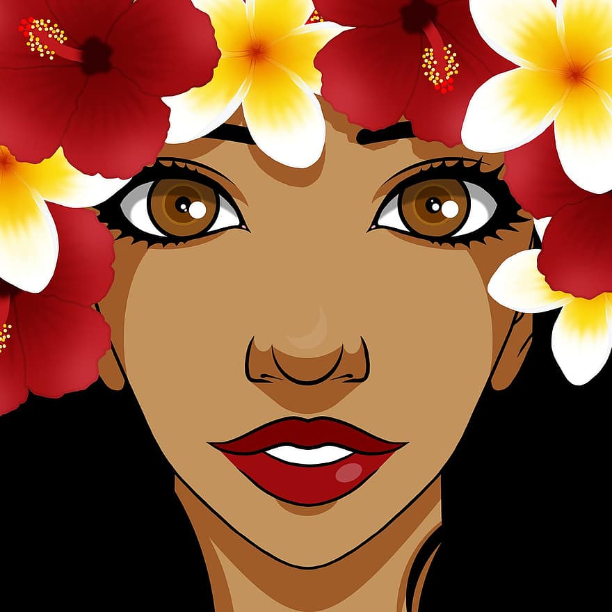 mulher, coroa de flores, polinésio, Polinésia, Havaí, face, jovem, menina, fêmea, pessoa, desenho animado