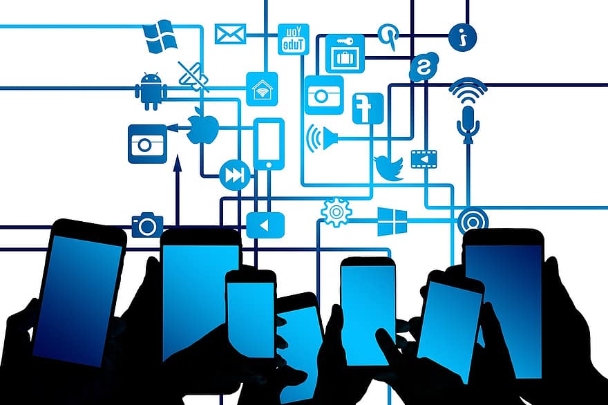 スマートフォン、インターネット、ソーシャルネットワーク、マーケティング、分析、概念、アイディア、計画、電話、手、アイコン
