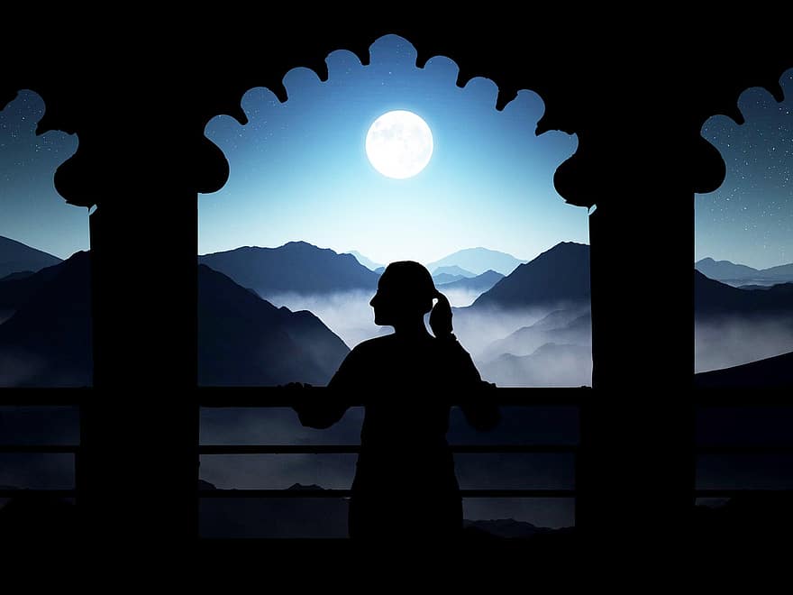 жена, балкон, профил, луна, планини, нощ, сцена, атмосфера, фантазия, небе, облаци