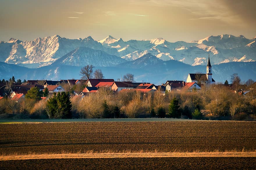 Village, Church Tower, Roofs, Alps, Mountains, Fields, Path, Trees, Outdoors, Countryside, Travel