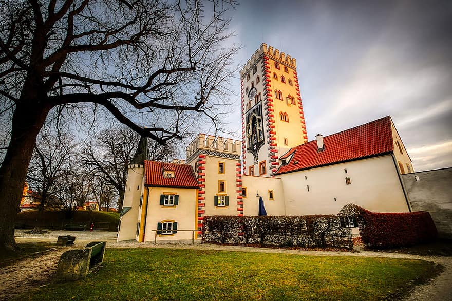 bâtiment, architecture, Bayertor, porte de la ville, historique, Landsberg, arbre, parc
