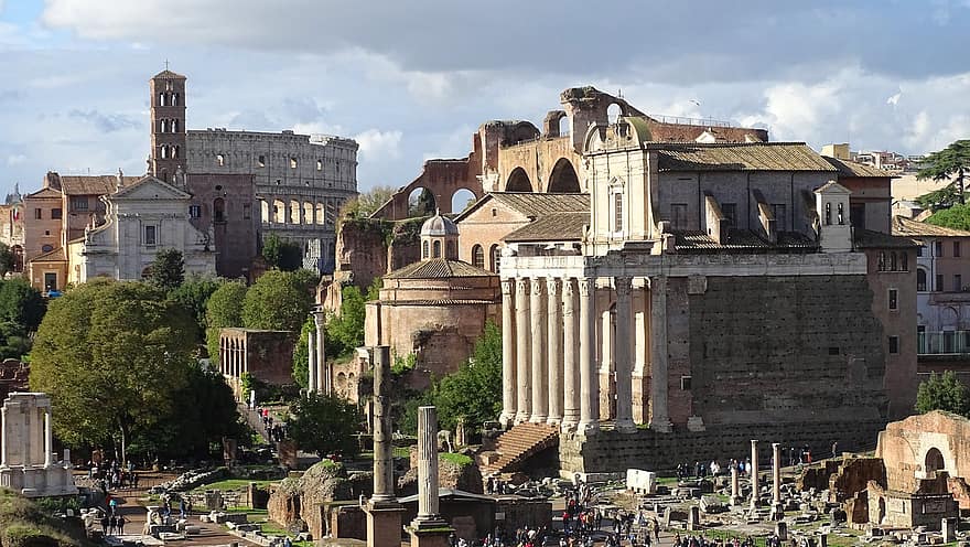 ruiner, romersk, romerska forumet, gammal, stad, pelare, historisk, arkitektur, turister, turism, känt ställe