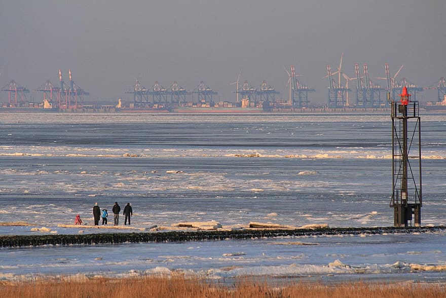 porta, gelo, geada, congeladas, mar, inverno, Bremerhaven, pessoas