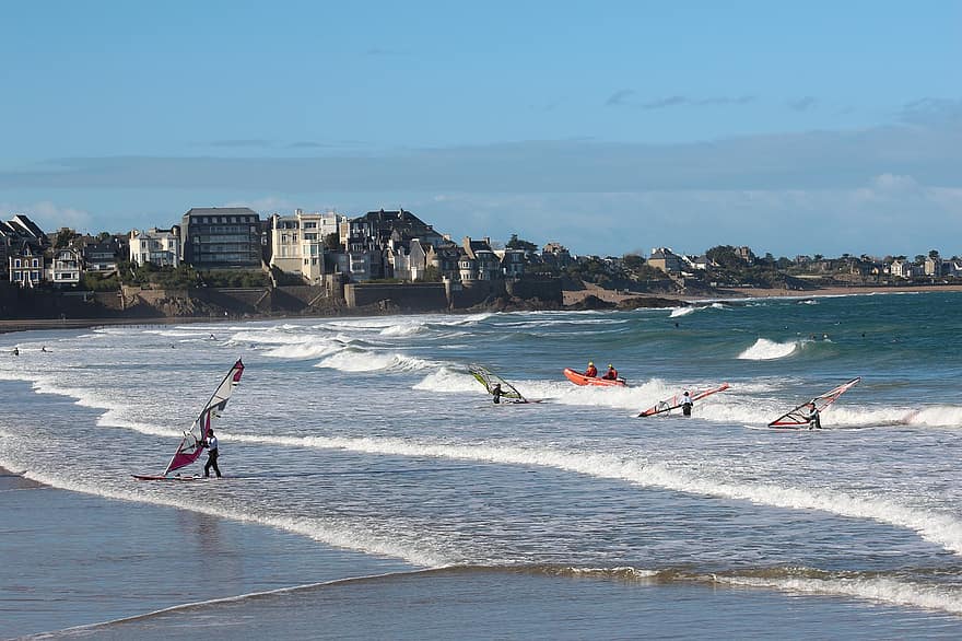 Windsurfen, Meer, Strand, Windsurfer, Wassersport, Saint-Malo, Sport, Wellen, Ozean Wellen, Ufer