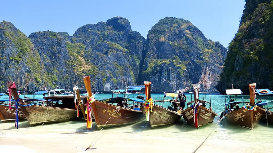 barcos, isla, turismo, naturaleza, viaje, exploración, al aire libre, mar, montañas, Kon Phi Phi