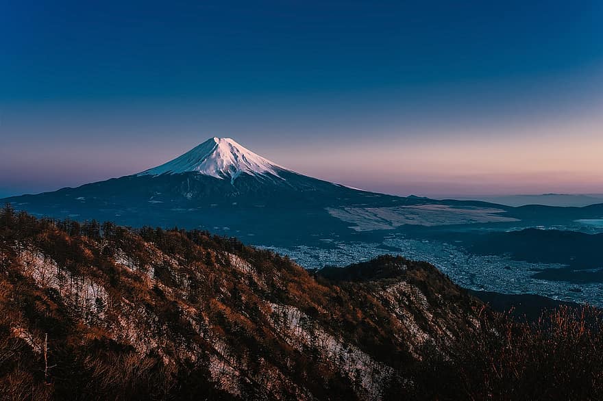 планината Фуджи, Япония, природа, пътуване, планина, планински връх, пейзаж, залез, сняг, син, изгрев