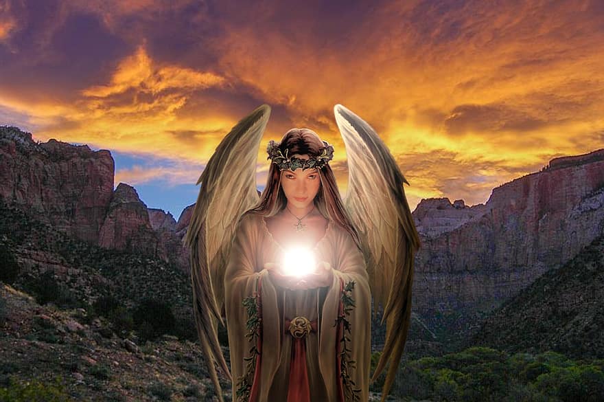fundo, anjo, mulher, asas de anjo, montanhas, nascer do sol, fantasia, fêmea, avatar, personagem, arte digital