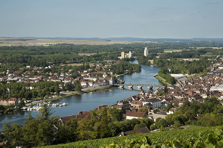város, híd, kikötő, házak, épületek, folyó, Yonne, Joigny, tervező