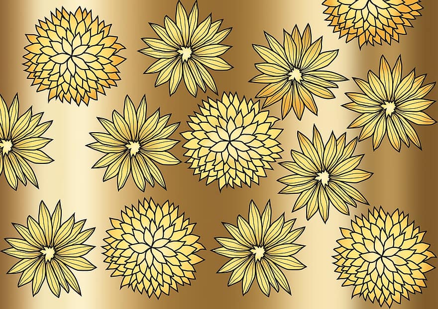 Gold, Metallic, Fund, Flowers, Contour, Graphic, Background, Greeting, Expensive, Greeting Card, Birthday