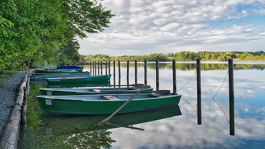 озеро, лодки, гребные лодки, банка, деревья, лес, пирс, отражение, зеркальное отображение, остальное