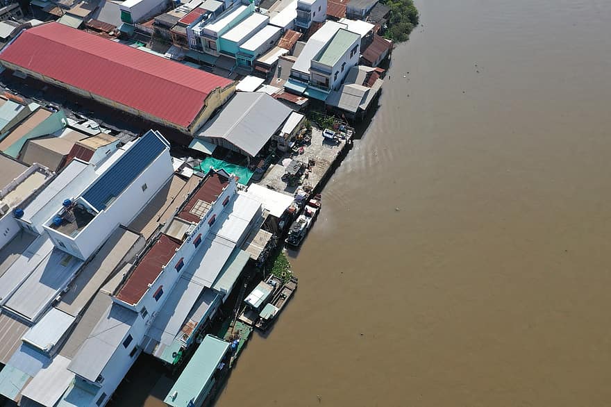 rivier-, huizen, boot, veerboot, dok, markt, bruine rivier, water, terminal