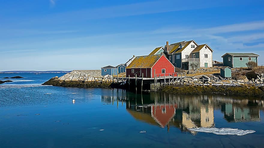 καλύβες, ακτή, ο όρμος του peggy, Νέα Σκωτία, νερό, ακτογραμμή, μπλε, τοπίο, καλοκαίρι, ξύλο, boathouse