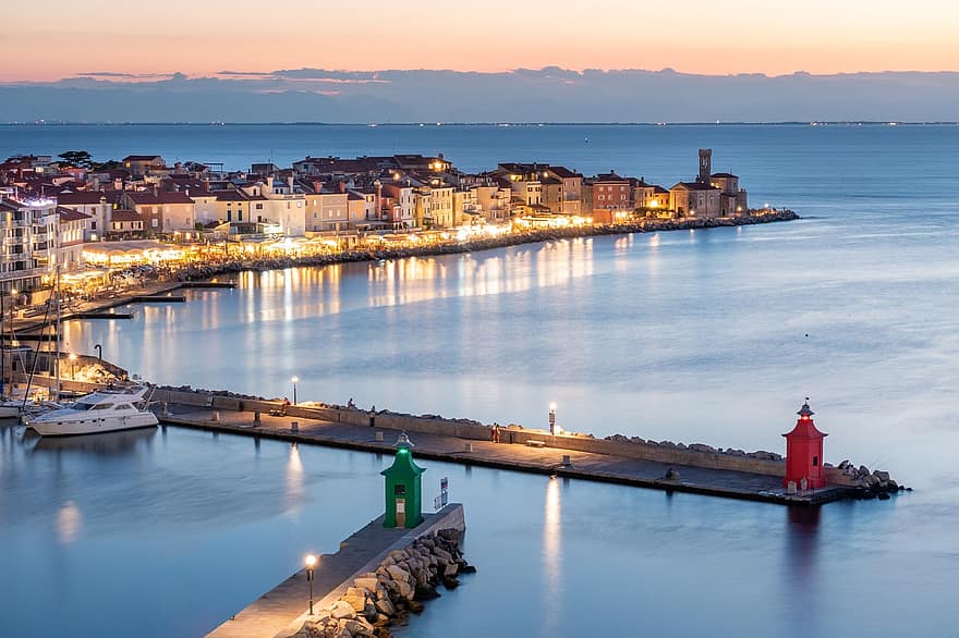 Evening, Piran, Sea, Slovenia, Island, Town, Night, Port, Pier, dusk, water