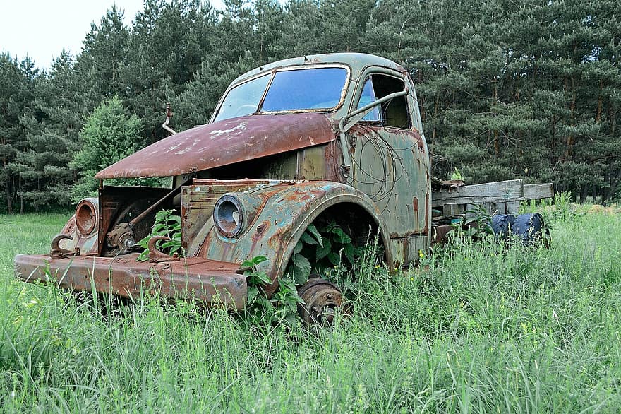 Gass-51, Gaz-51, forlatt lastebil, rusten lastebil, gress, felt, gammel bil, Ukraina, dump, søppel, avhending