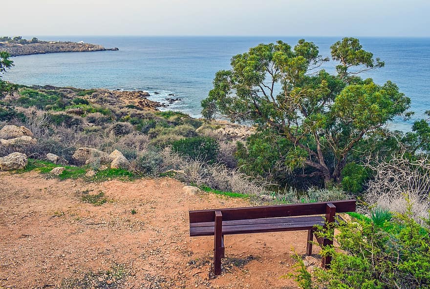 banco, paisaje, punto de vista, parque Nacional, playa, cavo greko, Chipre