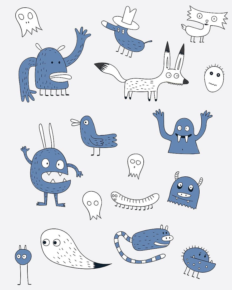 monstres, griffonnages, dessin animé, marrant, personnages, mignonne, créatures, animaux, extraterrestres, icône, bande dessinée