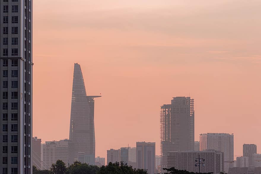 ville, immeubles, Saigon, la tour, l'horizon, grattes ciels, Urbain, paysage urbain, crépuscule, ciel rose, le vietnam