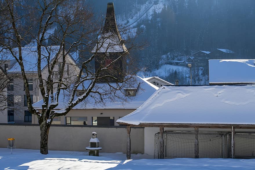 сграда, село, зима, сняг, стена, планина, град, архитектура, Енгелберг