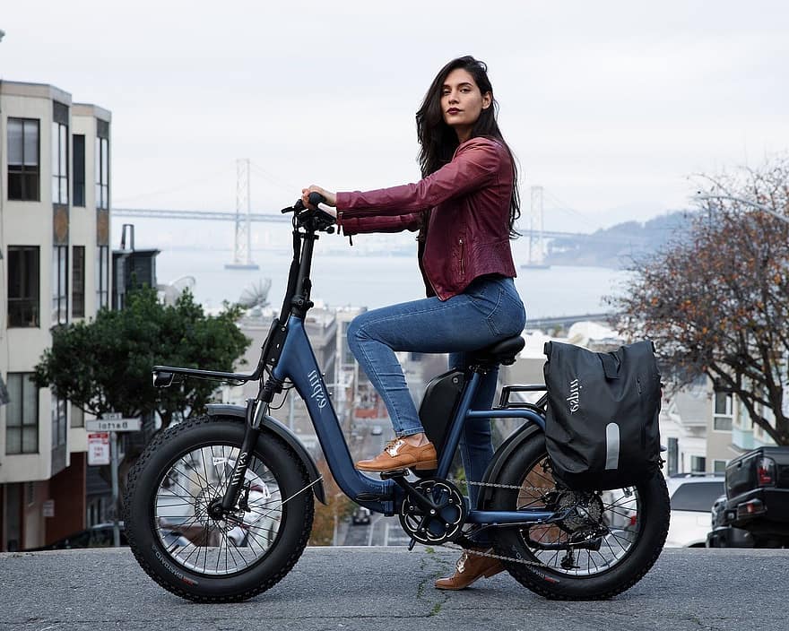 San Francisco, vrouw, elektrische fiets, e-bike, Californië, stad, stedelijk, eco-vriendelijke, levensstijlen, fiets, een persoon