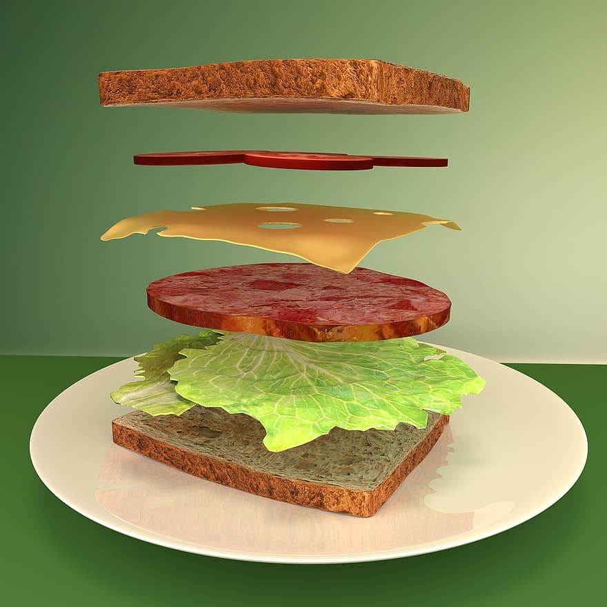 Explosion Drawing, Sandwich, Fresh, Bread, Food, Snack, Eat, Salad, Delicious, Healthy, Tomato