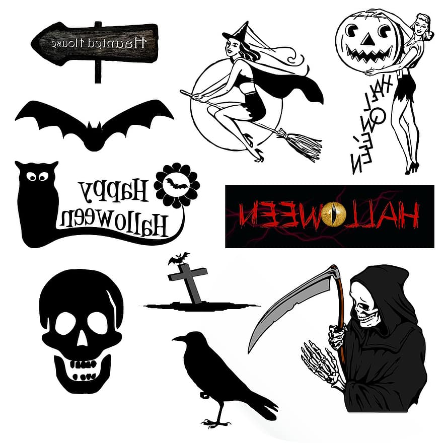 halloween, ikoner, symboler, årgang, retro, sort, silhuet, kvinde, heks, kosteskaft, flagermus