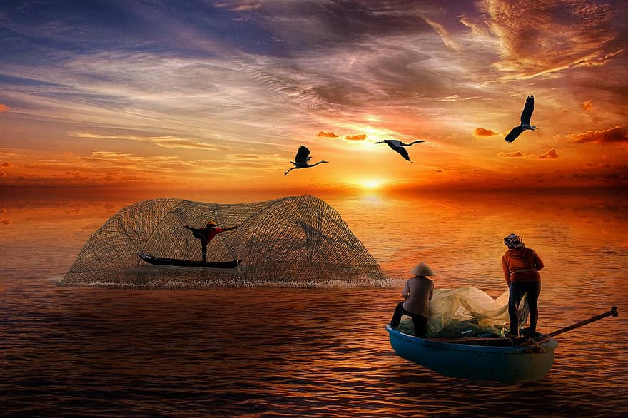 mer, pêche, le coucher du soleil, océan, les pêcheurs, la nature, bateau, coucher, crépuscule, navire nautique, pêcheur