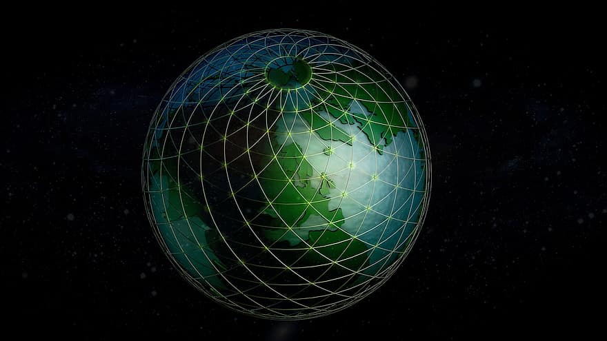 Gitterbold, globus, jorden, planet, triangulering, opmåling, web, glashus, kosmos, bold, netværk