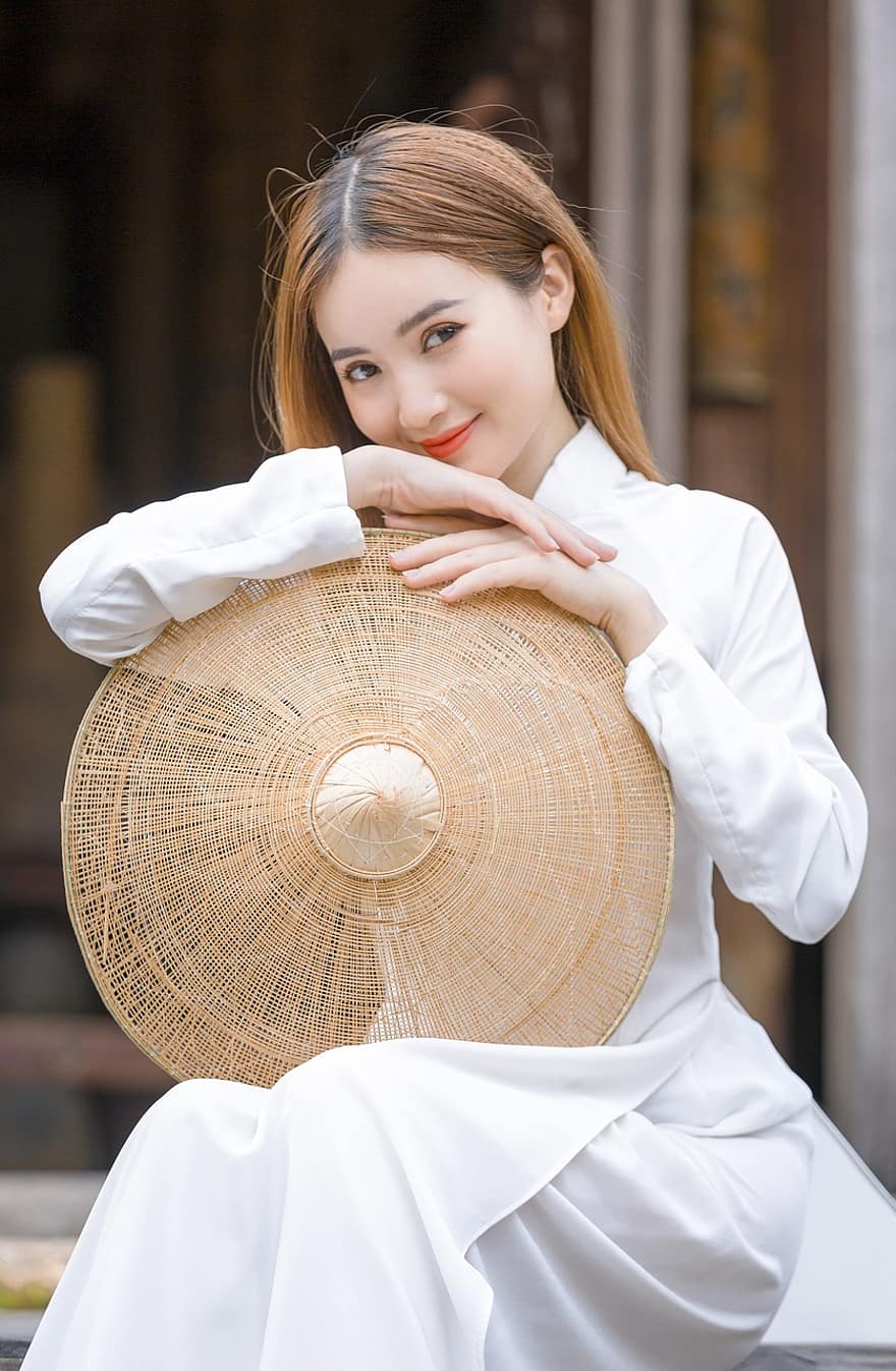 ao dai, móda, žena, portrét, Vietnamské národní šaty, kuželovitý klobouk, šaty, tradiční, dívka, pěkný, póza
