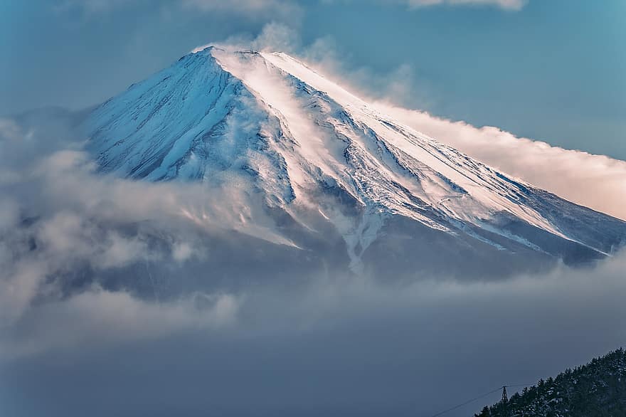 Fuji kalnas, kalnas, sniegas, debesys, sniego danga, žiemą, ryte, pobūdį, kraštovaizdį, kalnų viršūnė, debesis