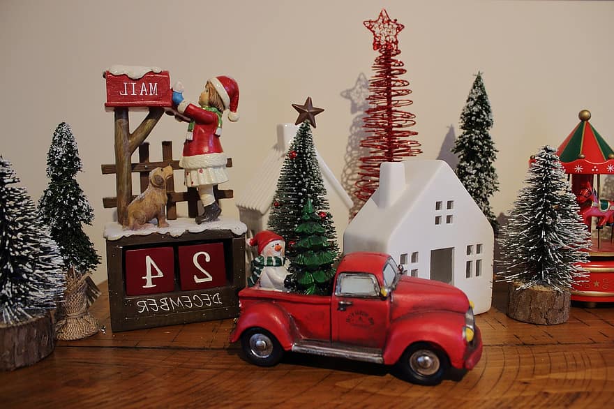 vrachtauto, dorp, Kerstmis, decoratie