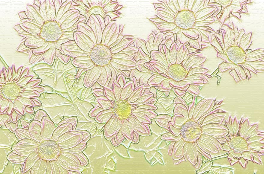 Background, Flowers, Gold, Colorful, Orange, Green, Spring, Tender, Abstract, Sketch, Relief