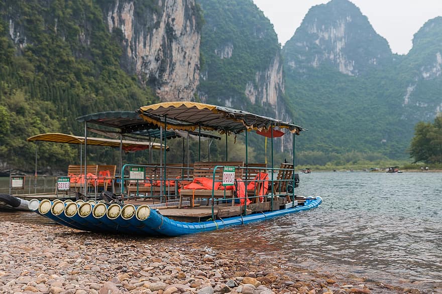 Travel, Boat, Nature, Exploration, Outdoors, Yangshuo, Lijiang, Mountain, Guilin, River, nautical vessel