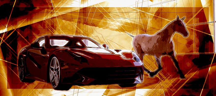 sportwagen, auto, concept auto, paard, kunst, illustratie, auto-