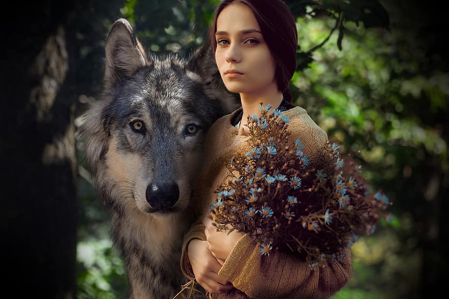 pige, ulv, prinsesse, natur, blomster, fantasi, eventyr, alene, træer, blade, humør