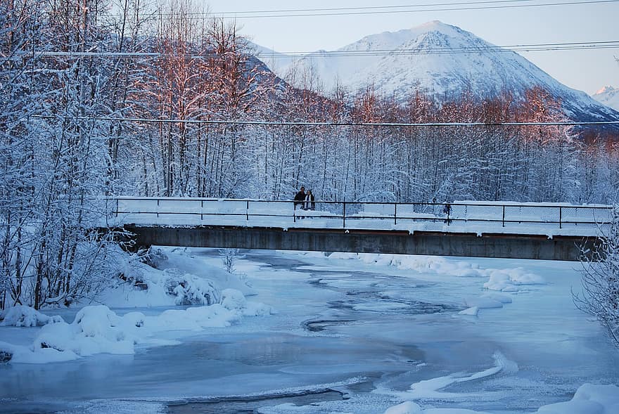 Winter, Bridge, Snow, Mountain, River, Nature, Water, Landscape, Couple, ice, men