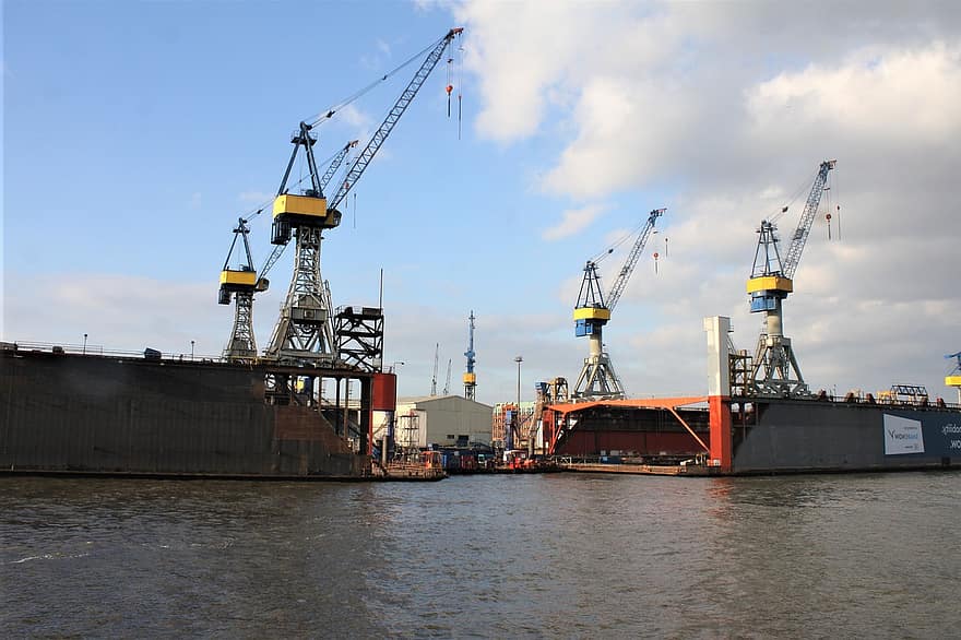 Hambourg, rivière, port, grues de chargement, manutention de conteneurs